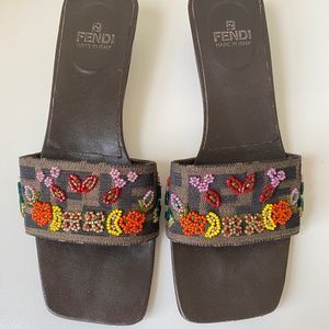 Fendi monogram vintage kitten heeled beaded shoes sandals slides 6 rare